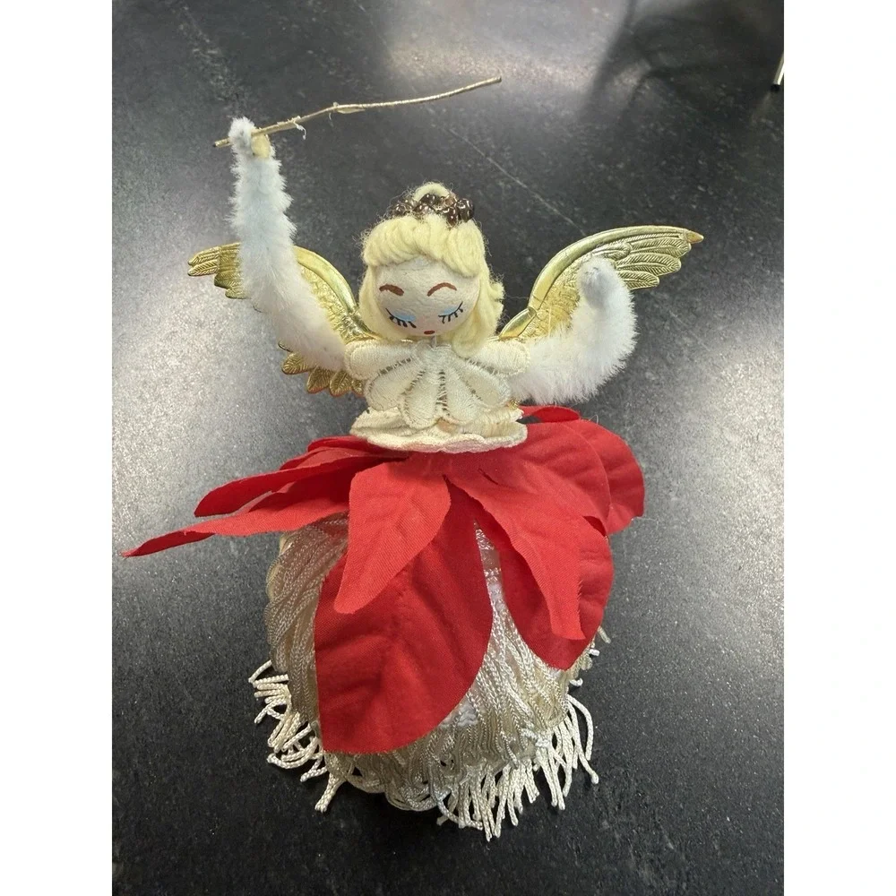 Vtg Handmade Christmas Angel Ornament Poinsettia Sequins Yarn Hair Gold Wings 6